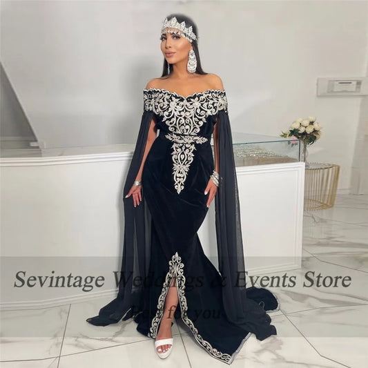Arabic Mermaid Velvet Evening Dresses Off The Shoulder Split Appliques Long Cape Sleeves Prom Gowns Algerian Outfits