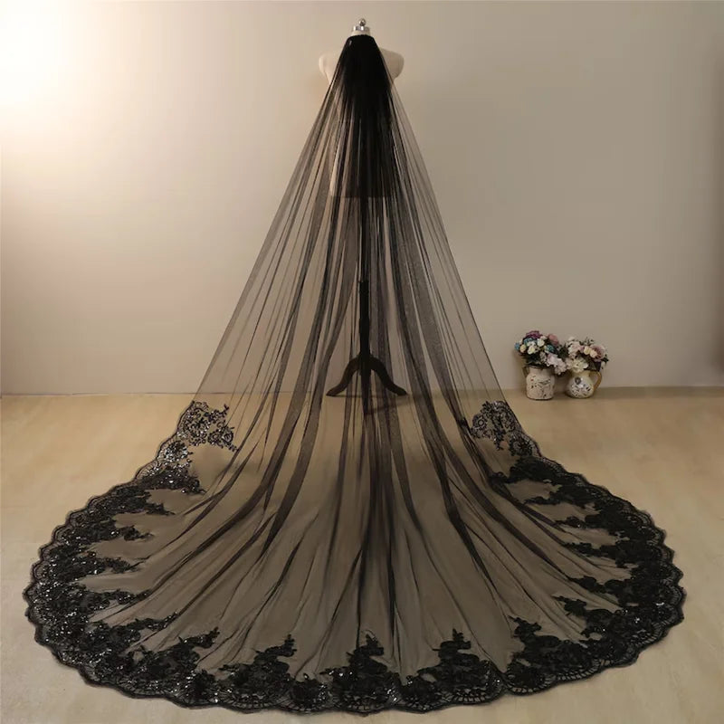 3.5 Meters Sequined Veil Black Lace Bridal Veil Metal Comb