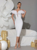 Spring Sexy Women's Light Luxury Feather Design Bandage Dress One Collar Shoulder Bodycon Bareback Dresses Party Vestidos