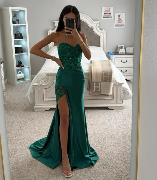 Green Beaded Glitter Prom Dress Elegant Sleeveless Mermaid SatinVestidos De Noche Sexy Side Split Graduation Ball Dress