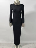 Elegant Women Light Luxury Nail Bead Design Bandage Dress High Collar Long Sleeve Bodycon Long Dress Evening Party Vestidos