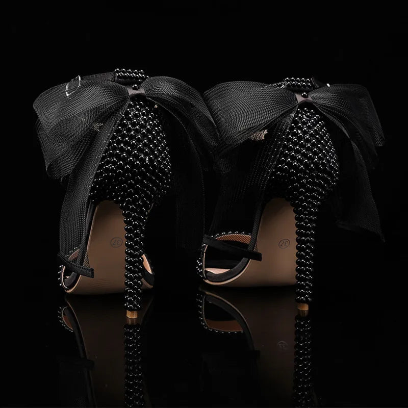 Summer New brand Fashion Bowknot Beading Women Gladiator Sandals Luxury Pearls White thin High heels Wedding Bridal Party Shoes