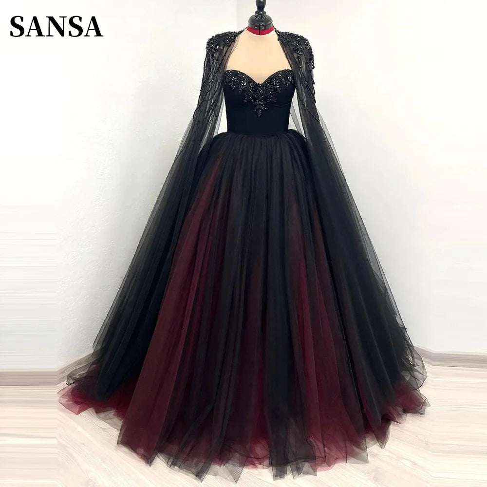 Gothic Black WIth Red Wedding Dress Sequins Cape Sleeve Ball Gown Vestidos De Novia Handmade A-line Prom Dresses