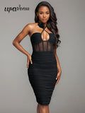 2024 Sexy Women'S Black Chiffon Dress Hanging Neck Style Sleeveless Three-Dimensional Flower Design Bodycon Backless Mini Dress