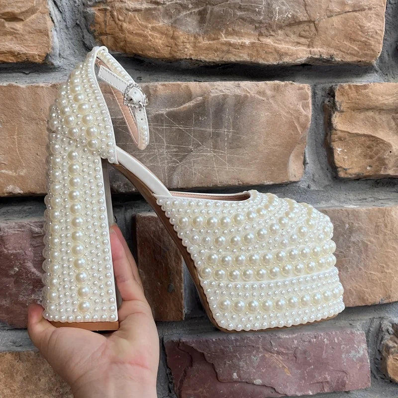 Luxury Handmade Full Pearls Beaded Platform Wedges Women Pumps Fashion Chunky Heeled Ultra High heels Banquet Dress Wedding Shoe Beige