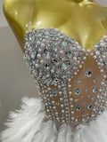 Luxury Sparkle Rhinestone White Feather Sexy Mesh Long Dress Women Evening Party Birthday Performance Photoshoot Costume