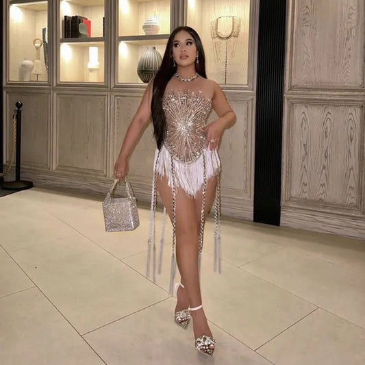 Women Sexy Mesh Shinning Sequins Tassel Bodycon Bodysuit Nightclub Party Birthday Performance Costume Stage Wear