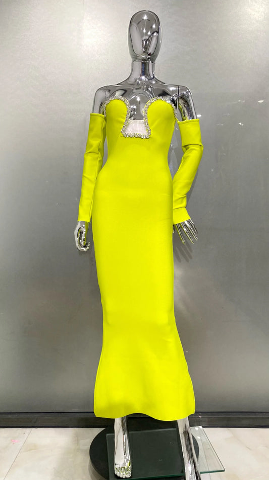 Winter Yellow Green Shining Diamonds Sexy V-Neck off The Shoulder Mermaid Long Dress Fashion Woman Evening Party Vestido