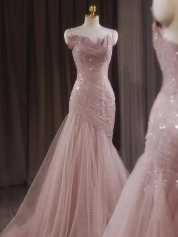 Rose Pink Mermaid aftonklänningar Pleat Asymmetry Chain Shiny Sequined Long Slim Fairy French Celebrity Prom Party klänningar Kvinna