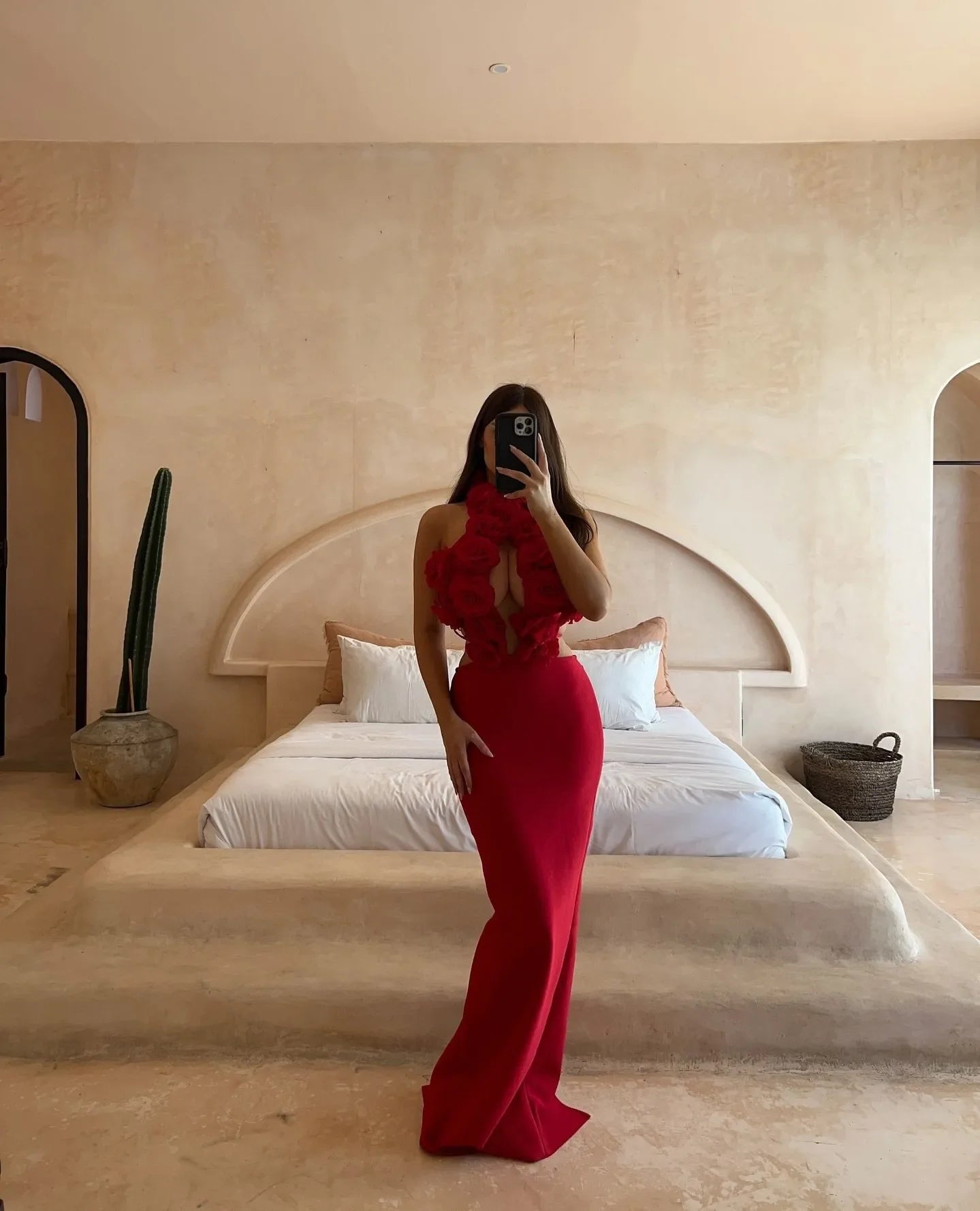 Red Color Women Sexy Halter Florals Keyhole Bodycon Long Bandage Dress Laced-up Backless Nightclub Party Celebrate Wear