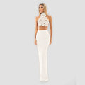 White Elegant 3D Flowers Hollow Out Beach Dresses Set Sexy See Though Crop Tops Long Skirts Women Sets Summer Female Outfits WHITE
