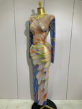 Luxury Sparkly Rhinestone Stretchy Mesh See Through Long Dress Women Birthday Party Performance Nightclub Stage Costume