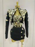 Women Sexy Pink Glitter Sequin Mirrors Short Skirt 3pcs Set Birthday Party Nightclub Queen Drag Stage Costume Gold