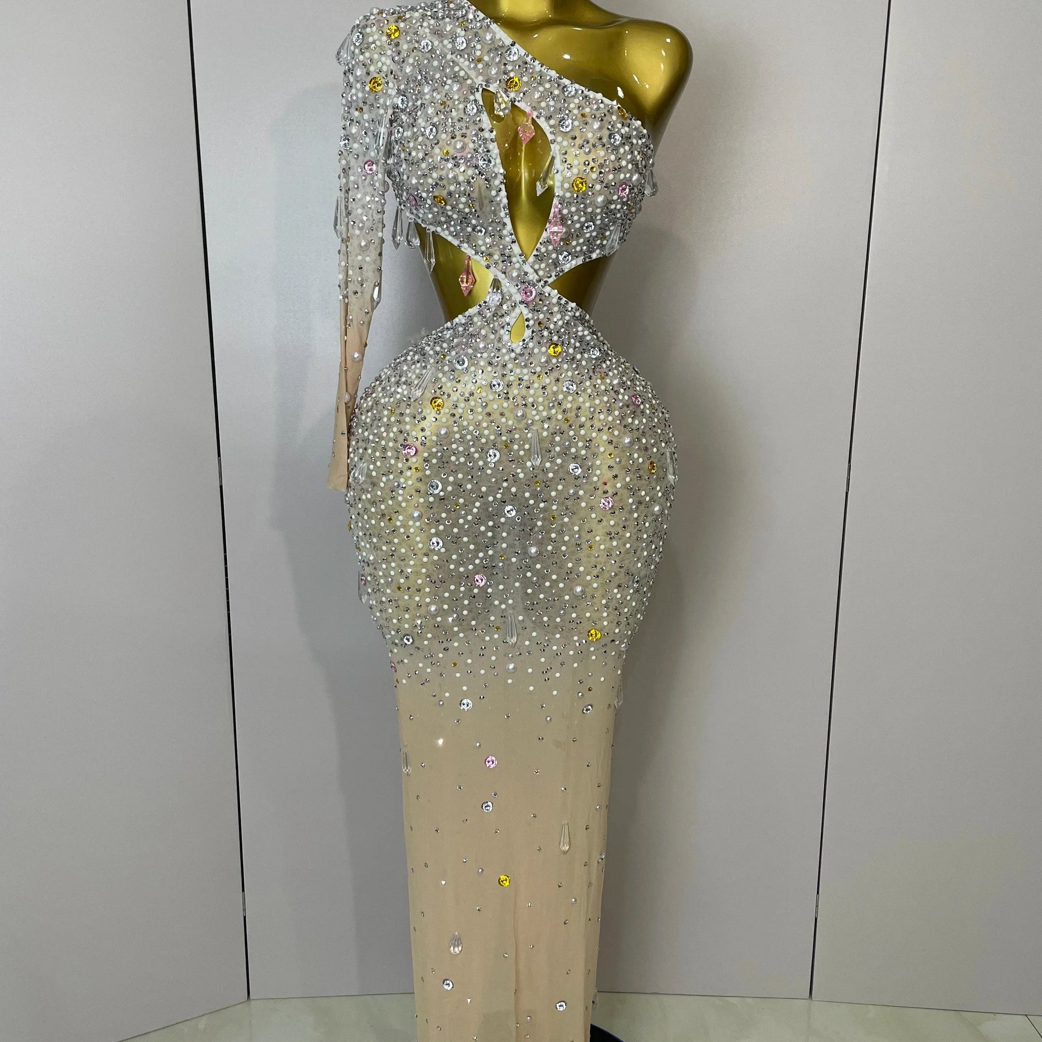 Women Sexy One Shoulder Hollow Out Big Crystal Bodycon Long Dress Celebrate Nightclub Party Bar Singer Birthday Dress MULTI