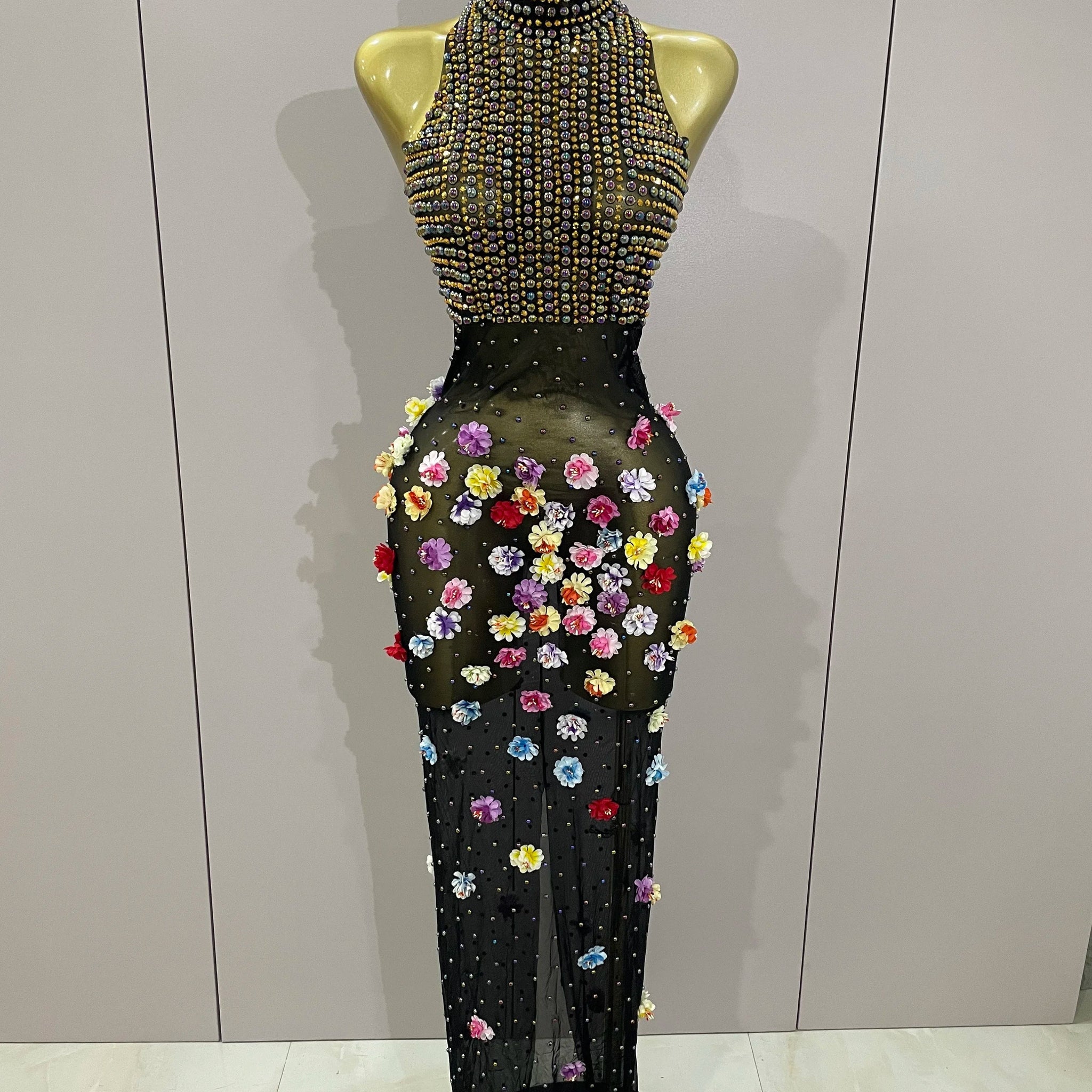 Sparkly Rhinestones Flowers Sexy See Through Long Dress Women Birthday Celebrate Wedding Evening Prom Dress Photo Shoot Wear MULTI