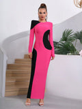 Elegant Women's Colorful Bandage Dress O-Neck Long Sleeve Bodycon Long Dress Celebrity Cocktail Evening Club Party Vestidos Rose Red