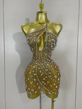 Luxury Sexy Backless Hollow Out Sparkle Diamond Evening Prom Women Birthday Celebrate Stage Nightclub Outfit Gold