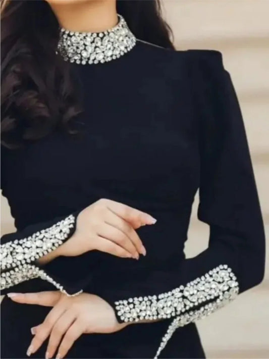 Red Black Color Women Long Sleeve Shinning Crystal Bodycon Long Bandage Dress Elegant Celebrate Evening Party Cocktail Dress