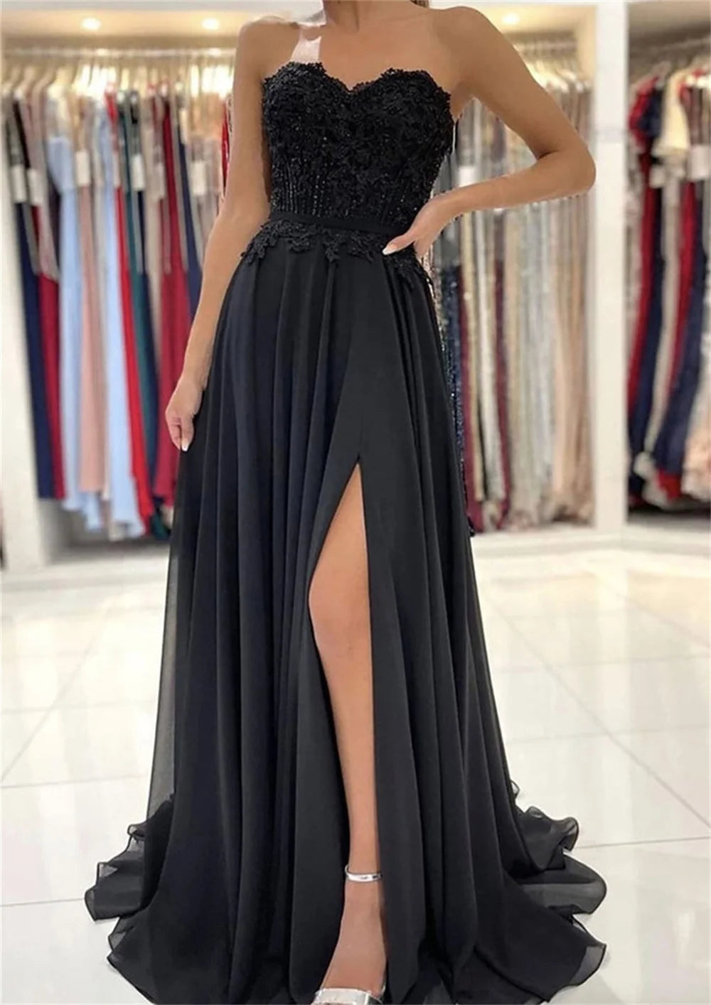 Black Tulle Prom Dresses Strapless A-line Wedding Dress Elegant Sleeveless Sexy Side High Split Vestidos De Fiesta