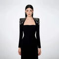 Top Quality Black Winered Women Long Sleeve Square Collar Shinning Crystal Bodycon Long Bandage Dress Elegant Evening Party Wear black