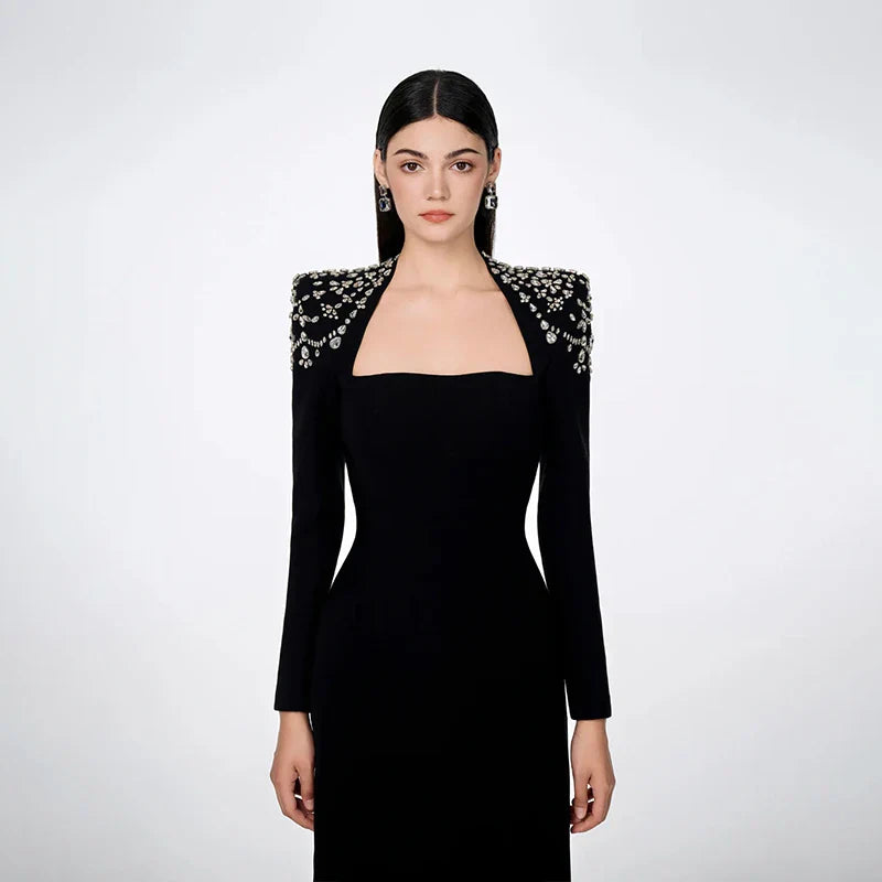 Top Quality Black Winered Women Long Sleeve Square Collar Shinning Crystal Bodycon Long Bandage Dress Elegant Evening Party Wear black