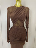Women Elegant Brown Mesh Fold Long Sleeve Bodycon Dress Evening Party Club Sexy Perspective Fashion Luxury Birthday Dresses