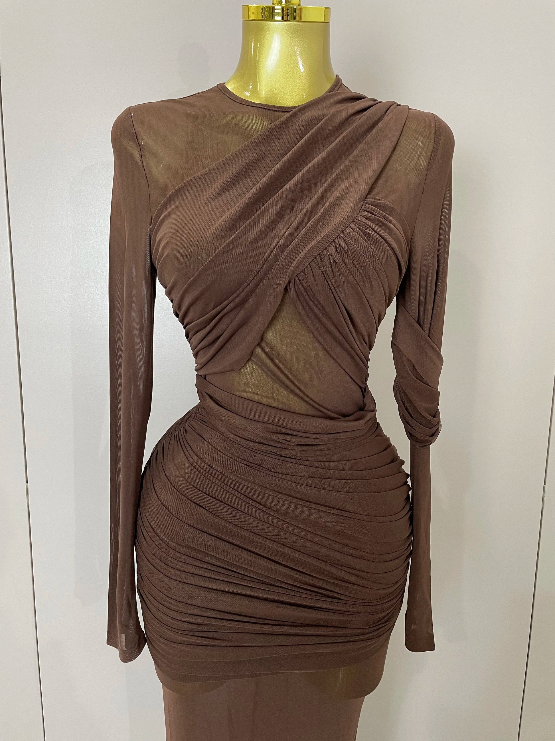 Women Elegant Brown Mesh Fold Long Sleeve Bodycon Dress Evening Party Club Sexy Perspective Fashion Luxury Birthday Dresses