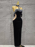Women Sexy Off the Shoulder Shinning Crystal Bodycon Long Dress Velvet Celebrate Nightclub Party Birthday Dress