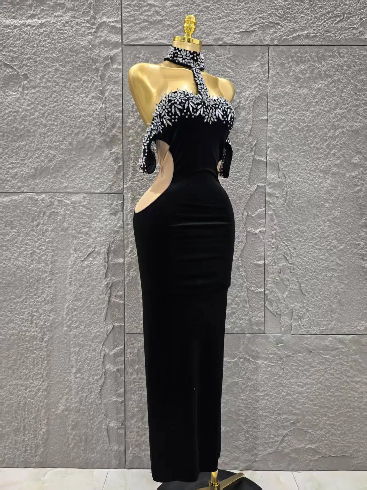 Women Sexy Off the Shoulder Shinning Crystal Bodycon Long Dress Velvet Celebrate Nightclub Party Birthday Dress