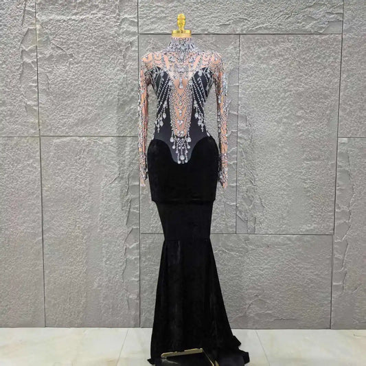 Women Long Sleeve Sexy Shinning Crystal Velvet Bodycon Floor-length Dress Celebrate Evening Party Birthday Cocktail Dress black