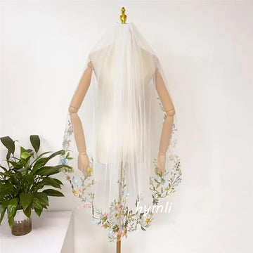 Romantic and Unique Colored Lace Appliqué Fingertip-Length Veil Perfect for Outdoor, Garden, Party, or Themed Weddings White