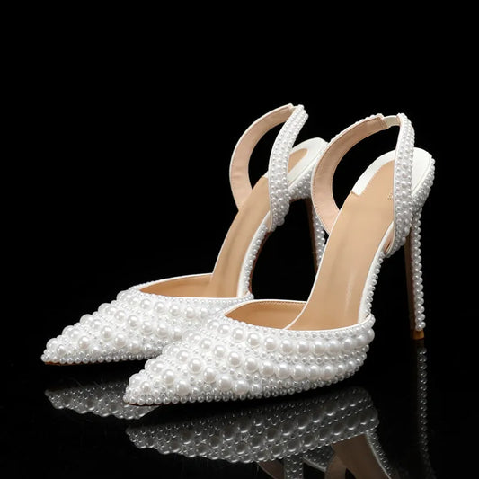 Luxury Handmade Full Pearls Wedding Women Pumps Elegant Pointed toe Slingbacks high heels Fashion Summer Party Bridal Shoes