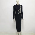 Black Color Women Long Sleeve Shinning Crystal Bodycon Bandage Long Dress Fashion Celebrate Evening Party Cocktail Dress black