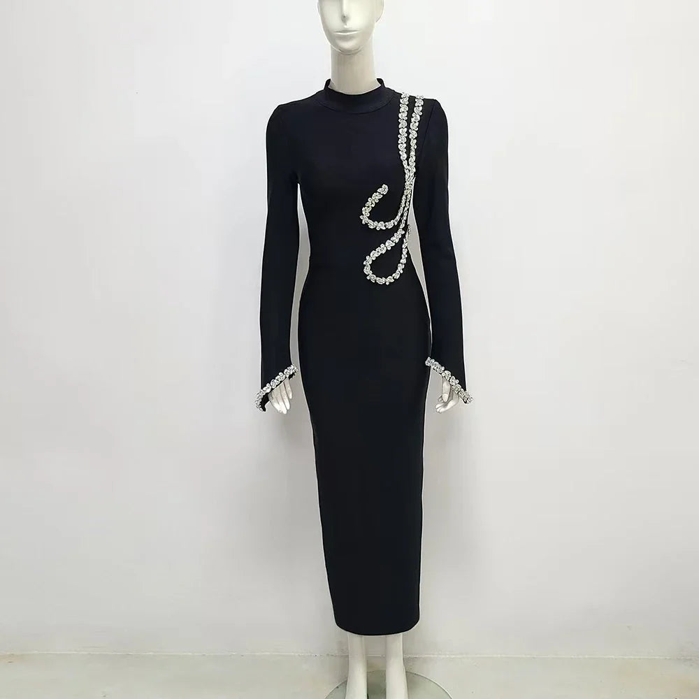 Black Color Women Long Sleeve Shinning Crystal Bodycon Bandage Long Dress Fashion Celebrate Evening Party Cocktail Dress black