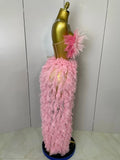 Women Pink Ruffles Sexy Strapless Mini Tops 2 PCS Set Dress Nightclub Bar Birthday Party Evening Stage Performance Costume
