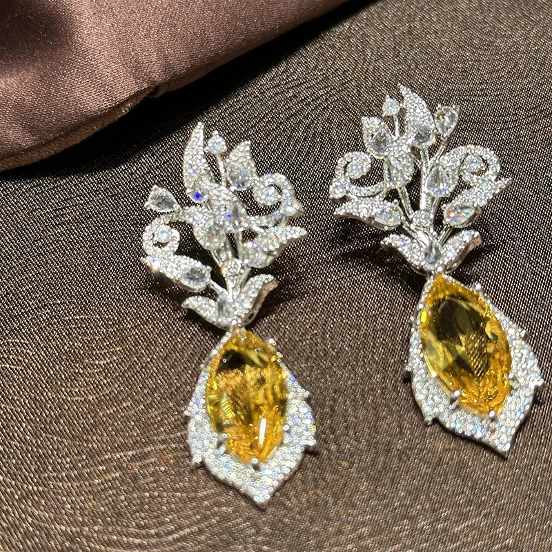 Luxury Yellow Zircon Bridal Earrings CZ Cubic Zirconia Wedding Earring For Brides Accessories Women Party Dinner Dress Jewelry