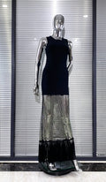 Shining Diamond See Through Mesh Tassels Black Bandage Ankle Length Dress Fashion Woman Party Dress Birthday Party Outfit