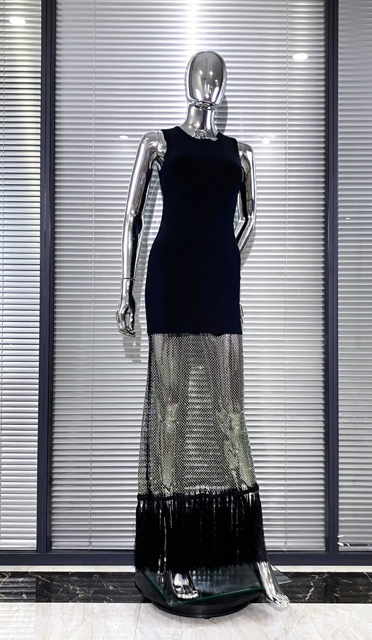 Shining Diamond See Through Mesh Tassels Black Bandage Ankle Length Dress Fashion Woman Party Dress Birthday Party Outfit