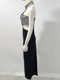 Sexy Women's Light Luxury Nail Bead Design Bandage Dress Hanging Neck Sleeveless Waist Design Bodycon Long Dress Vestitos
