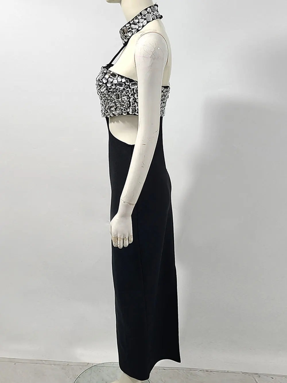 Sexy Women's Light Luxury Nail Bead Design Bandage Dress Hanging Neck Sleeveless Waist Design Bodycon Long Dress Vestitos