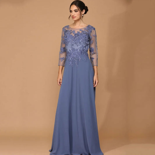 Customized A Line Chiffon Mother of Dresses Elegant Appliques Formal Evening Gowns Long Sleeve Bridal vestido invitada boda Picture Color 1