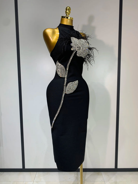 Women Luxury Diamonds Feather Black Bodycon Bandage Dress 2025 Celebrity Elegant Evening Party Birthday Nightclub Dresses