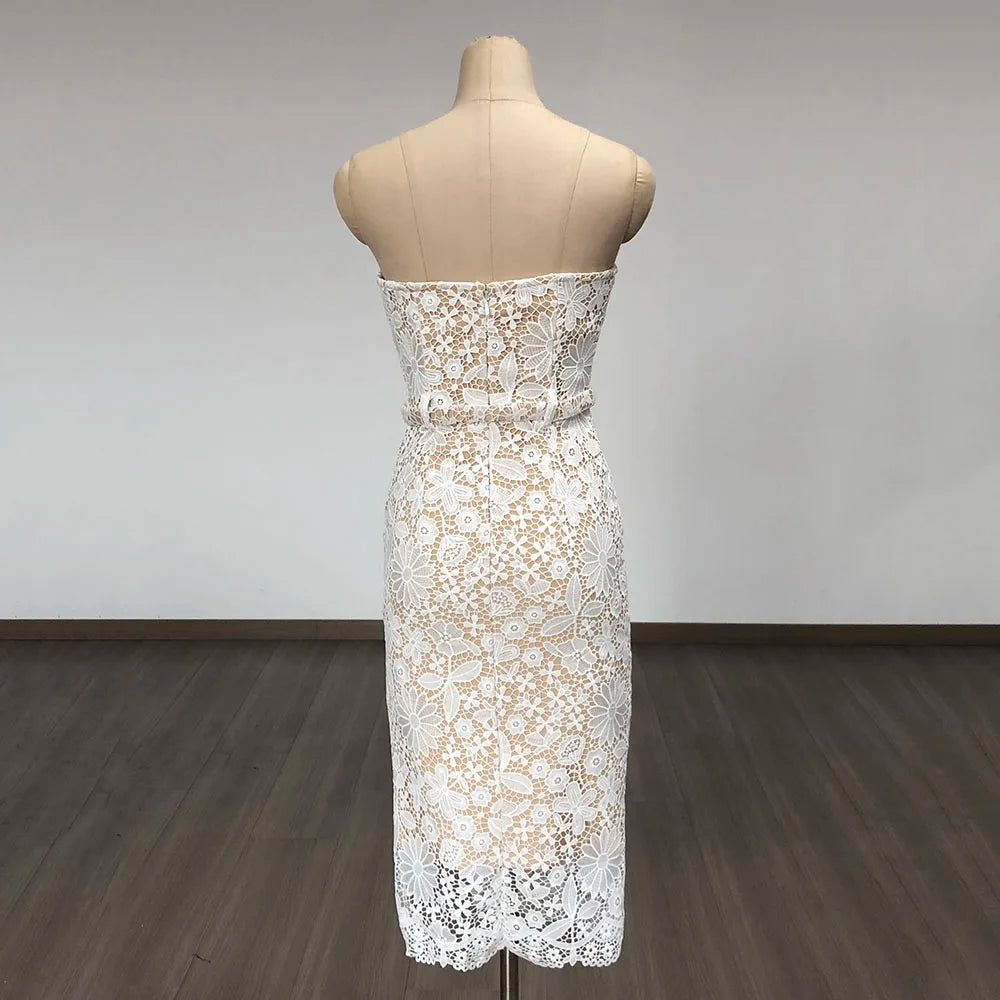 Arrival Women Sexy Strapless Lace Bodycon Mid-calf Dress Belt Fashion Birthday Party Celebrate Evening Cocktail Dress