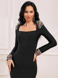 Elegant Women's Light Luxury Nail Bead Bandage Dresses Square Neck Long Sleeve Bodycon Long Dress Evening Party Vestidos