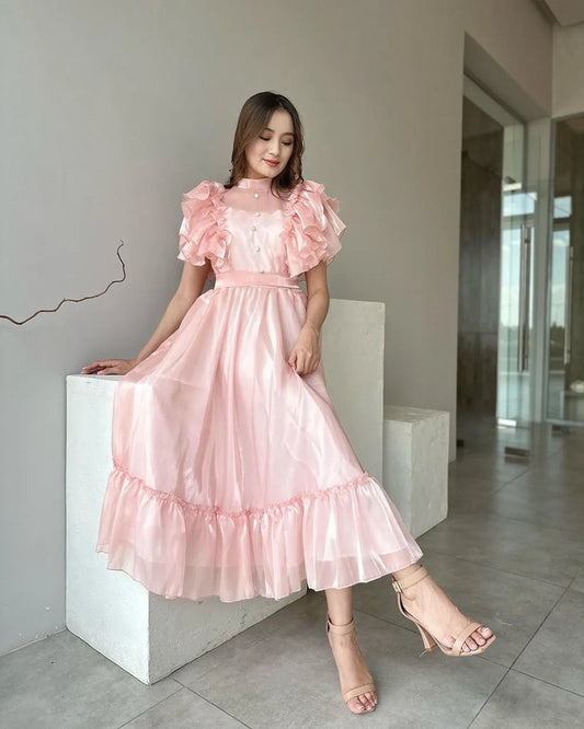 Elegant Pink Evening Dresses A-Line Puff Sleeves Prom Dresses Ankle Length Formal Prom Gowns Button Graduation Dress