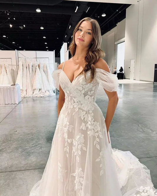 Exquisite Flower Wedding Dresses For Brides Off The Shoulder Lace Appliques Bride Dress Plus Size Boho Wedding Gown