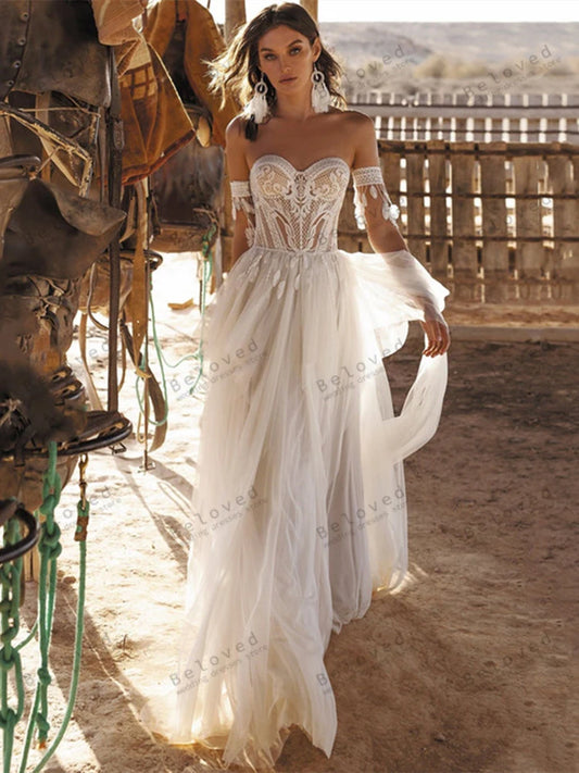 Böhmen bröllopsklänningar vintage brudklänningar a-line tylllagda kläder sexiga rygglös illusion från axeln vestidos de novia