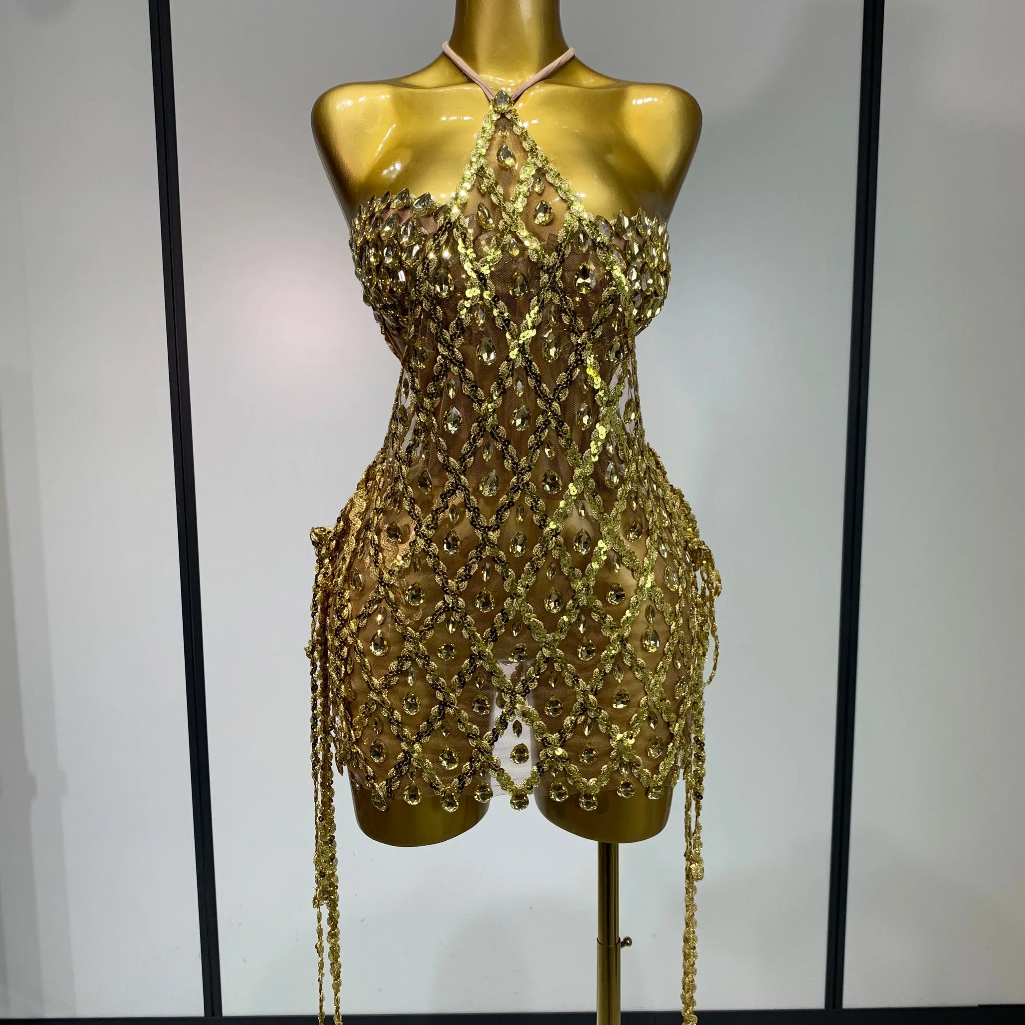 Sparkly Sequin Diamond Mesh Transparent Two Piece Set Women Sexy Evening Party Celebrate Birthday Photo Shoot Wear Gold