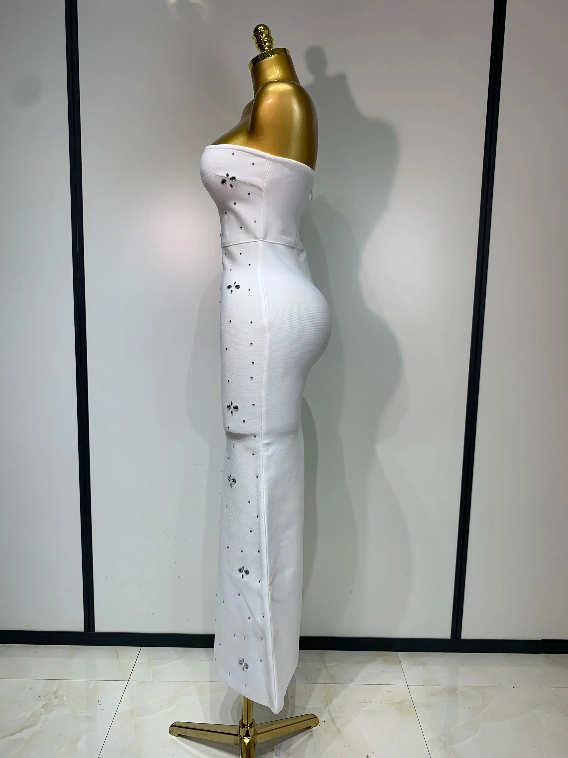 Luxury Rhinestone Sexy Strapless Backless Long Bodycon Bandage Dress White Elegant Evening Party Birthday Club Dress