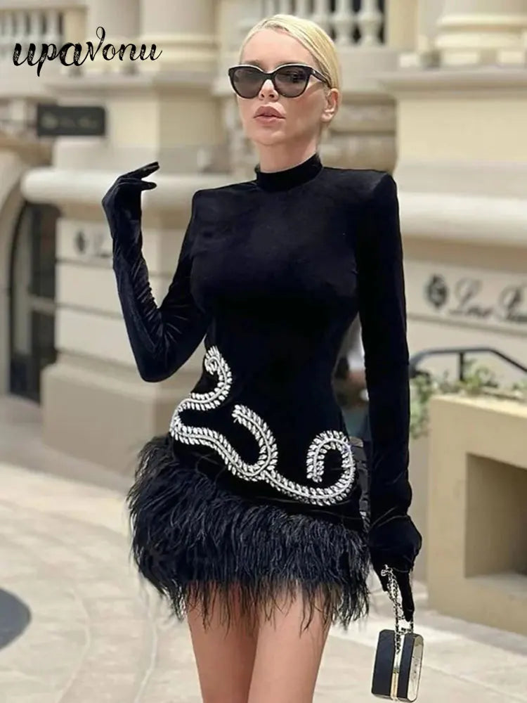 Autumn Elegant Dress Women's Party Dress High Neck Long Sleeve Gloves Luxury Crystal Design Velvet Mini Feather Dresses Vestido